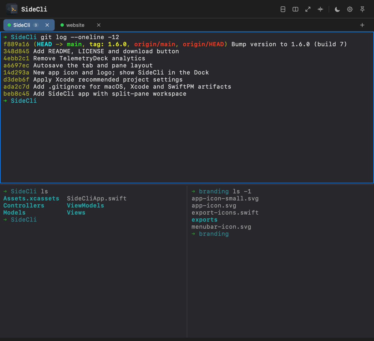 SideCli in the dark theme: one tab split into three panes running git log and ls, with a second tab open