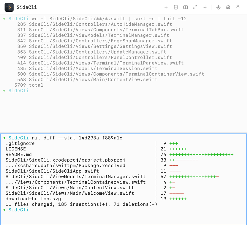SideCli in the light theme: a tab split top and bottom, with the focused pane outlined